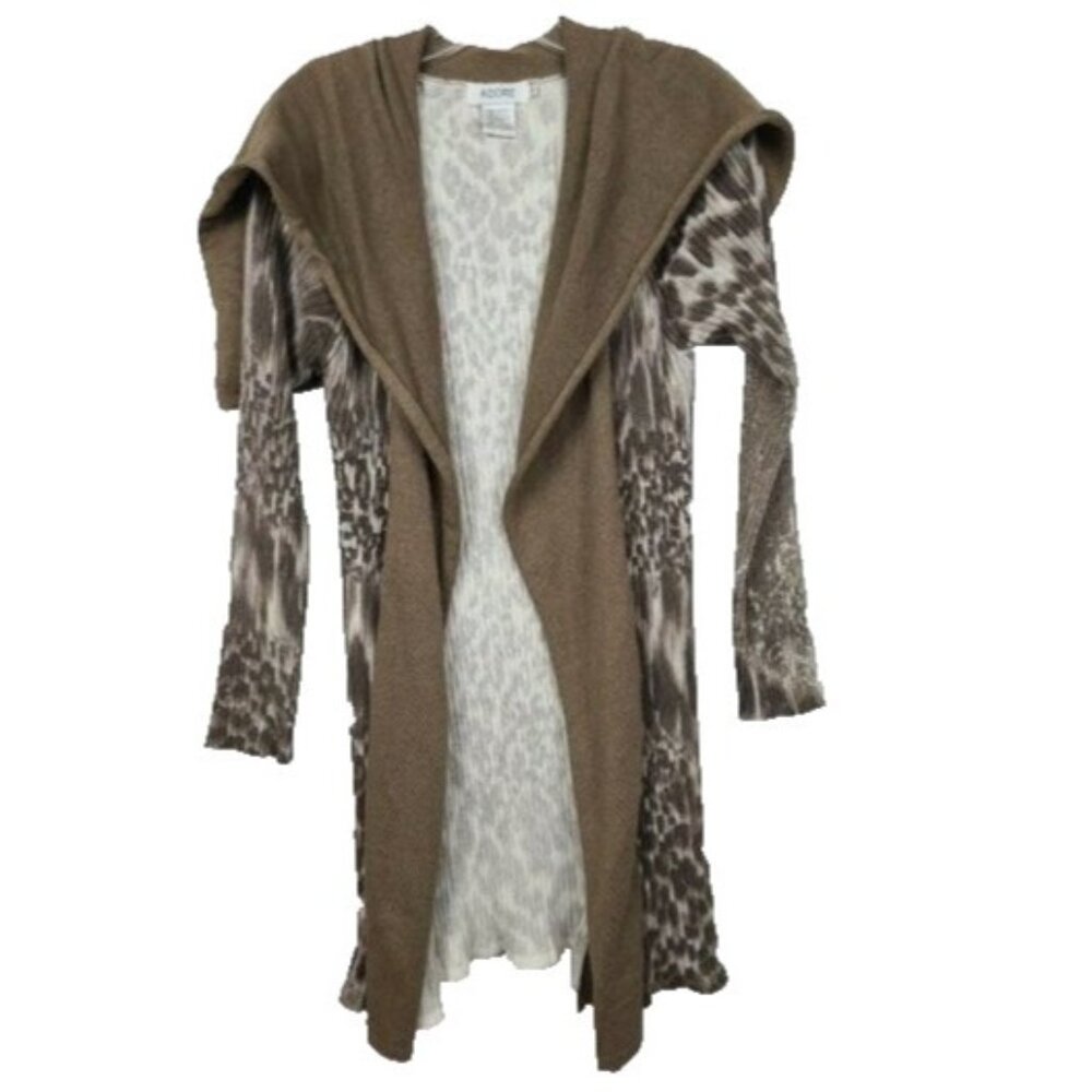 Adore Womens Longline‎ Cardigan Small Brown Animal Print Shawl Neck Open Artsy